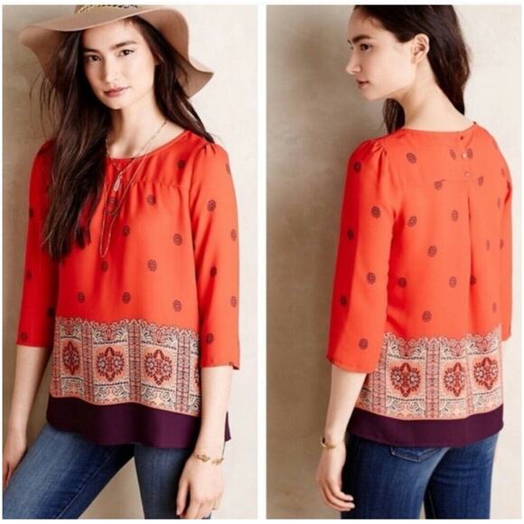 Maeve Anthropologie Rila Top Womens 6 Red Floral Border Boho 3/4 Sleeve Blouse - Picture 2 of 9
